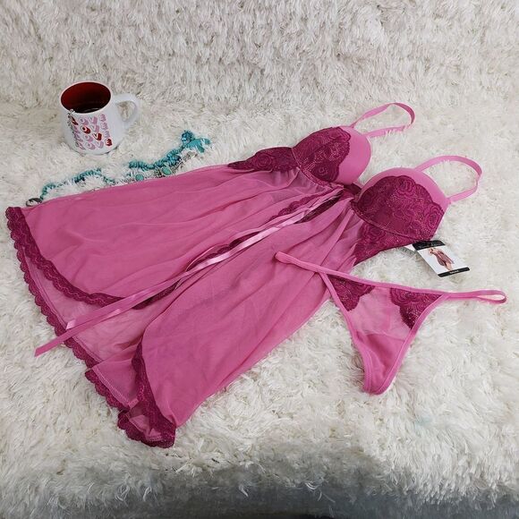 French Affair M Fuchsia Lace Mesh Babydoll & V-string Medium Lined  Bra - Picture 1 of 6